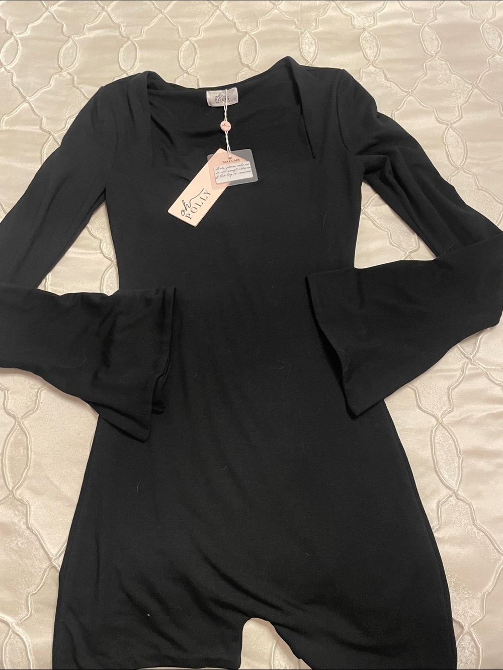Black Long-Sleeve Square Neck romper with Flared Sleeves